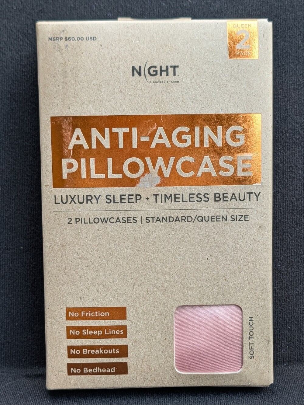 NIGHT Anti Aging Satin Pillowcase 2 Pk Standard Queen Blush Pink New Silky Hair